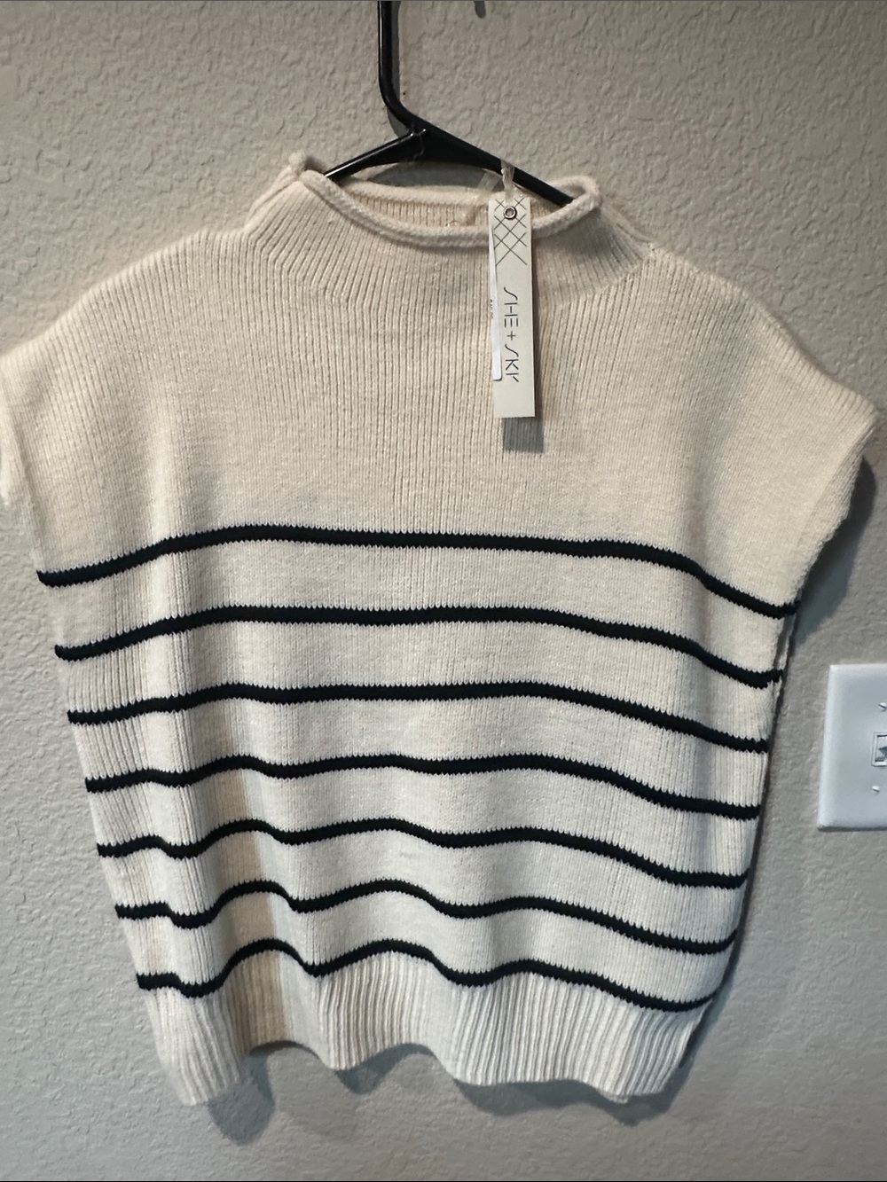 Cream & Black Striped Mock Neck Sweater Vest